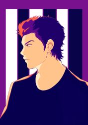 Rule 34 | 1boy, ace of diamond, black shirt, highres, male focus, meat mint, parted lips, purple background, sanada shunpei, shirt, short hair, solo, striped background, upper body