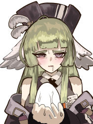Rule 34 | 1girl, arknights, bare shoulders, black headwear, black vest, blunt bangs, blush, commentary, drooling, egg, english commentary, feather hair, feathers, gloves, green hair, hat feather, highres, holding, holding egg, id card, long hair, looking at viewer, open mouth, poncirus (arknights), purple eyes, simple background, solo, suggestive fluid, sweat, thiccborb, vest, white background, white feathers, white gloves, wince