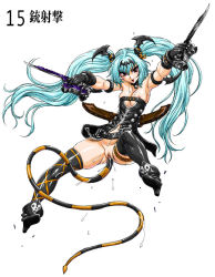 Rule 34 | 1girl, alice (queen&#039;s gate), blue hair, bottomless, breasts, dual wielding, gangsta hold, gloves, gun, holding, long hair, looking at viewer, nipple slip, nipples, nitroplus, pussy, queen&#039;s blade, queen&#039;s gate, red eyes, simple background, solo, tail, thighhighs, twintails, uncensored, waku jinpei, weapon, white background, wings