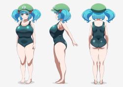 Rule 34 | 1girl, blue eyes, blue hair, blunt bangs, breasts, hat, highres, huge breasts, ikataishogun (king squid), kawashiro nitori, multiple views, one-piece swimsuit, shiny skin, simple background, smile, standing, swimsuit, thick eyebrows, thick thighs, thighs, touhou, twintails, white background