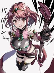 Rule 34 | 1girl, absurdres, airport96, bare shoulders, black gloves, black thighhighs, blush, breasts, cleavage, collarbone, cowboy shot, earrings, gloves, highres, holding, impossible clothes, jewelry, large breasts, looking at viewer, one-piece swimsuit, pyra (pro swimmer) (xenoblade), pyra (xenoblade), red eyes, red hair, short shorts, shorts, smile, solo, swept bangs, swimsuit, thighhighs, tiara, xenoblade chronicles (series), xenoblade chronicles 2
