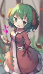 Rule 34 | 1girl, absurdres, animal ears, blurry, brown dress, chii (tsumami tsumamare), depth of field, dog ears, dress, eighth note, fang, green eyes, green hair, hand on own hip, highres, kasodani kyouko, leaf, long sleeves, looking at viewer, musical note, open mouth, outdoors, short hair, solo, standing, touhou, tree