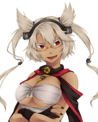 Rule 34 | 10s, 1girl, bad id, bad pixiv id, breasts, cleavage, colored eyelashes, crossed arms, dark skin, dark-skinned female, glasses, kanatake, kantai collection, musashi (kancolle), open mouth, pointy hair, red eyes, simple background, smile, solo, upper body, white background