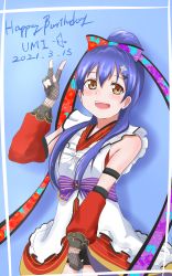 Rule 34 | 1girl, absurdres, alternate hairstyle, apron, aqua background, artist name, artist request, bare shoulders, blue hair, blush, bow, breasts, elbow sleeves, female focus, fingerless gloves, flower print, gloves, hair between eyes, hair bow, hair bun, highres, kunai, kunoichi, long hair, looking at viewer, love live!, love live! school idol festival, love live! school idol project, ninja, parted lips, purple bow, shuriken, shuriken hair ornament, single hair bun, smile, solo, sonoda umi, star tattoo, striped, striped bow, tattoo, twintails, v, weapon, white bow, yellow eyes