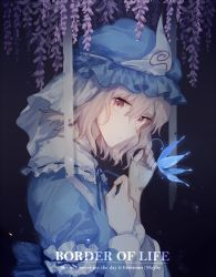 Rule 34 | 1girl, absurdres, bad id, bad pixiv id, blue dress, bug, butterfly, dark background, dress, english text, from side, hat, highres, bug, looking at viewer, meng ziya, mob cap, ribbon, saigyouji yuyuko, solo, text focus, touhou, triangular headpiece