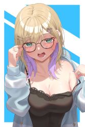 Rule 34 | 1girl, absurdres, black camisole, blonde hair, blue hoodie, blue nails, blush, breasts, camisole, colored inner hair, fang, glasses, green eyes, hair ornament, hairclip, highres, hood, hoodie, kiaoekakishitai, kurumi noah, lace-trimmed camisole, lace trim, large breasts, long hair, long sleeves, looking at viewer, loungewear, multicolored hair, no bra, off shoulder, official alternate costume, open clothes, open hoodie, open mouth, purple hair, single bare shoulder, skin fang, solo, strap slip, striped clothes, striped hoodie, virtual youtuber, vspo!