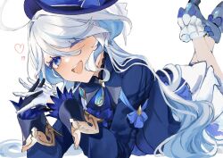 Rule 34 | 1girl, ahoge, ascot, asymmetrical gloves, black gloves, blue ascot, blue brooch, blue hair, blue hat, blue jacket, blush, full body, furina (genshin impact), genshin impact, gloves, hair between eyes, hat, heart, jacket, light blue hair, long hair, looking at another, looking at viewer, lying, mismatched gloves, multicolored hair, on stomach, one eye closed, open mouth, shinoo0915, sidelocks, simple background, smile, solo, streaked hair, teeth, top hat, two-tone hair, white background, white gloves