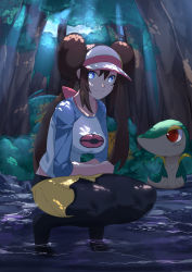 Rule 34 | 1girl, black pantyhose, blue eyes, breasts, brown hair, closed mouth, commentary, creatures (company), double bun, eyebrows visible through hat, eyelashes, full body, game freak, gen 5 pokemon, hair bun, highres, long hair, looking at viewer, medium breasts, mrnn, nintendo, outdoors, pantyhose, pantyhose under shorts, pokemon, pokemon (creature), pokemon bw2, raglan sleeves, rosa (pokemon), short shorts, shorts, sidelocks, sleeves past elbows, smile, snivy, squatting, sunlight, tree, twintails, two-tone headwear, visor cap, wading, water, wavy mouth, yellow shorts
