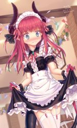 Rule 34 | 10s, 1girl, alternate costume, apron, bad id, bad pixiv id, blue eyes, blush, center frills, clothes lift, commentary request, dated, detached sleeves, dragon girl, dragon tail, dress, dress lift, elizabeth bathory (fate), elizabeth bathory (fate/extra ccc), enmaided, fate/extra, fate/extra ccc, fate/grand order, fate (series), flying sweatdrops, frills, garter straps, highres, horns, indoors, lifted by self, long hair, looking at viewer, maid, maid headdress, miho (dreamhutmino), neck ribbon, pink hair, pointy ears, puffy sleeves, ribbon, slit pupils, solo, tail, thighhighs, twitter username, wavy mouth, white thighhighs, zettai ryouiki