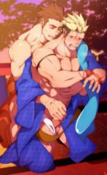 Rule 34 | 2boys, abs, anal, bara, bare pectorals, bare shoulders, black hair, blonde hair, blue kimono, blue scarf, blush, breath, brown hair, clothed sex, clothing aside, couple, crow (siranui), erection, fundoshi, fundoshi aside, groping, handjob, highres, horns, japanese clothes, jiraiya (housamo), kimono, kneeling, large pectorals, male focus, male penetrated, multicolored hair, multiple boys, muscular, muscular male, off shoulder, oni, open clothes, open kimono, pectorals, penis, pointy ears, protagonist 3 (housamo), scarf, sex, short hair, sideburns, skin-covered horns, stomach, sunset, tokyo houkago summoners, two-tone hair, uncensored, undercut, yaoi