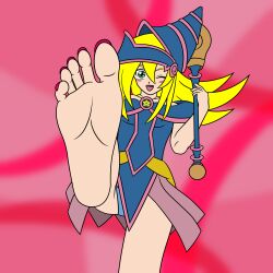 Rule 34 | 1girl, :d, absurdres, barefoot, blonde hair, dark magician girl, feet, female focus, foot focus, happy, highres, koter, leg lift, looking at viewer, one eye closed, open mouth, smile, solo, spread legs, standing, standing on one leg, tongue, wink, yu-gi-oh!