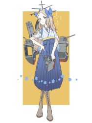 Rule 34 | 1girl, adapted costume, asakaze (kancolle), blue bow, blue eyes, blue hakama, boots, bow, brown footwear, commentary request, cross-laced footwear, forehead, full body, hair bow, hair ribbon, hakama, hakama skirt, hand on own hip, highres, japanese clothes, kantai collection, kimono, lace-up boots, light brown hair, long hair, machinery, meiji schoolgirl uniform, nanakoma, orange background, parted bangs, ribbon, sidelocks, skirt, solo, standing, two-tone background, wavy hair, white background, white kimono