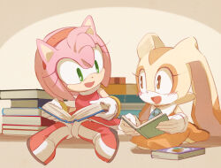 Rule 34 | 2girls, amy rose, animal ears, bare shoulders, blue bow, blue bowtie, blush, book, boots, bow, bowtie, bracelet, breasts, brown eyes, collared dress, cream the rabbit, dress, eyelashes, furry, furry female, gloves, gold bracelet, green eyes, hairband, hands up, hedgehog ears, hedgehog girl, holding, holding book, jewelry, looking at another, medium breasts, msg01, multiple girls, open book, open mouth, orange dress, orange footwear, orange fur, rabbit ears, rabbit girl, red dress, red footwear, red hairband, seiza, shadow, shoes, simple background, sitting, sleeveless, sleeveless dress, smile, sonic (series), tongue, turtleneck, turtleneck dress, two-tone footwear, two-tone fur, white footwear, white gloves, yellow background, yellow fur