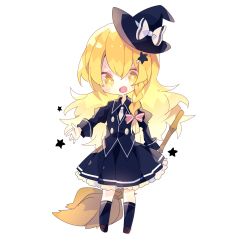 Rule 34 | 1girl, adapted costume, black hat, black jacket, black skirt, black socks, blonde hair, bow, braid, broom, brown footwear, chibi, commentary request, full body, hair bow, hair ornament, hairclip, hat, hat bow, highres, jacket, kirisame marisa, long hair, long sleeves, looking at viewer, mini hat, necktie, nikorashi-ka, outstretched arm, pink bow, simple background, single braid, skirt, socks, solo, star-shaped pupils, star (symbol), star hair ornament, symbol-shaped pupils, touhou, white background, white bow, white necktie, witch hat, yellow eyes