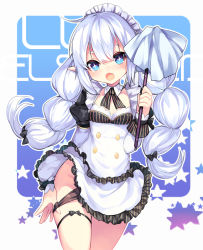 Rule 34 | + +, 1girl, :o, alternate costume, ao jun, black panties, blue background, blue eyes, blush, braid, character name, copyright name, cowboy shot, detached collar, elsword, long hair, looking at viewer, luciela r. sourcream, maid, panties, panty pull, pointy ears, smile, solo, star (symbol), thigh strap, twin braids, twintails, underwear, white hair