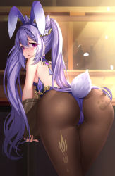1girl, absurdres, animal ears, ass, bangs, bar, bare back, bare shoulders, bent over, black legwear, blush, bottle, braid, brown legwear, bunny ears, bunny tail, cameltoe, commentary request, cowboy shot, electro (genshin impact), embarrassed, eyebrows visible through hair, fake animal ears, fake tail, fine fabric emphasis, from behind, frown, furniture, gala (16901040), genshin impact, hair between eyes, hair ornament, half-closed eyes, highres, holding, holding tray, indoors, keqing (genshin impact), long hair, looking at viewer, looking back, pantyhose, parted lips, pink eyes, playboy bunny, purple hair, sidelocks, solo, tail, tray, twintails, vision (genshin impact)