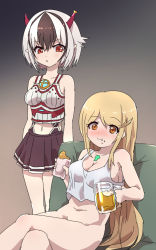 Rule 34 | 2girls, alcohol, beer, blonde hair, breasts, chest jewel, crossette (xenoblade), highres, horns, large breasts, long hair, miniskirt, multicolored hair, multiple girls, mythra (xenoblade), no panties, pointy ears, red eyes, skirt, swept bangs, tavn, very long hair, xenoblade chronicles (series), xenoblade chronicles 2, yellow eyes