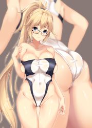 Rule 34 | 1girl, ass, black-framed eyewear, black one-piece swimsuit, blonde hair, blue eyes, breasts, collarbone, competition swimsuit, covered navel, fate/grand order, fate (series), fukuda shuushi, glasses, grey background, highleg, highleg swimsuit, highres, jeanne d&#039;arc (fate), jeanne d&#039;arc (ruler) (fate), jeanne d&#039;arc (swimsuit archer) (fate), jeanne d&#039;arc (swimsuit archer) (second ascension) (fate), large breasts, long hair, multicolored clothes, multicolored swimsuit, multiple views, off shoulder, one-piece swimsuit, ponytail, sidelocks, simple background, smile, swimsuit, thighs, very long hair, white one-piece swimsuit