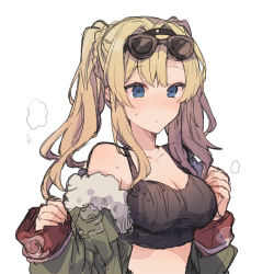 Rule 34 | 1girl, bare shoulders, blonde hair, blue eyes, breasts, cleavage, closed mouth, collarbone, crop top, fur trim, goggles, goggles on head, granblue fantasy, green jacket, hair intakes, hands up, ikeuchi tanuma, jacket, large breasts, long hair, long sleeves, looking at viewer, midriff, off shoulder, open clothes, open jacket, shirt, sidelocks, sleeveless, sleeveless shirt, solo, sports bra, sweat, twintails, upper body, white background, zeta (dark) (granblue fantasy), zeta (granblue fantasy)