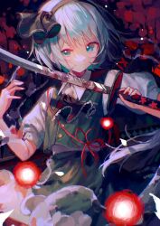 Rule 34 | 2girls, ascot, black ascot, black hairband, black ribbon, closed mouth, collared shirt, commentary request, danmaku, frilled ascot, frills, green eyes, green skirt, green vest, hairband, hakurei reimu, hands up, highres, holding, holding sword, holding weapon, katana, konpaku youmu, looking at viewer, multiple girls, puffy short sleeves, puffy sleeves, reflection, ribbon, ruu poppo, shirt, short hair, short sleeves, skirt, skirt set, smile, solo focus, sword, touhou, vest, weapon, white hair, white shirt