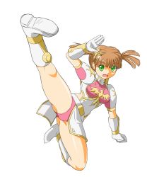 Rule 34 | 1girl, belt, boots, bracer, brown hair, chinese clothes, full body, gloves, green eyes, hair ornament, hairpin, high collar, high kick, highres, irene (shining force), kicking, knee boots, murasaki2007, panties, pantyshot, pink panties, puffy short sleeves, puffy sleeves, sega, shining (series), shining force iii, shiny skin, short hair, short sleeves, short twintails, solo, twintails, underwear, white background