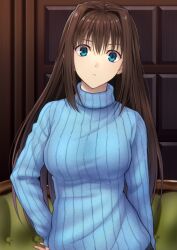 Rule 34 | 1girl, absurdres, aozaki aoko, black-framed eyewear, blue eyes, blue sweater, breasts, brown hair, closed mouth, commission, couch, glasses, hair intakes, hand on own hip, highres, indoors, kanden sky, large breasts, long hair, long sleeves, looking at viewer, mahou tsukai no yoru, pixiv commission, pov, solo, sweater, turtleneck, turtleneck sweater, upper body, very long hair