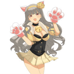 Rule 34 | 00s, 1girl, 961 production, animal ears, animal hands, bell, breasts, cat ears, cat girl, cat paws, choker, cleavage, fang, female focus, gloves, grey hair, hair ornament, hairband, idolmaster, idolmaster (classic), long hair, maro nie, miniskirt, paw gloves, pleated skirt, red eyes, shijou takane, simple background, skirt, smile, solo