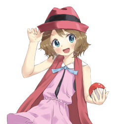 Rule 34 | 1girl, aqua eyes, bare arms, blue ribbon, blush, brown hair, commentary request, creatures (company), dress, fukafuka (tenjo212), game freak, hand on headwear, hand up, hat, highres, holding, holding poke ball, looking at viewer, medium hair, neck ribbon, nintendo, open mouth, pink dress, pink hat, poke ball, poke ball (basic), pokemon, pokemon (anime), pokemon xy (anime), ribbon, serena (pokemon), solo, teeth, tongue, upper teeth only