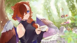 Rule 34 | 1girl, animal ears, bare shoulders, bird girl, bird wings, black sweater, brown hair, brown wings, cake, closed mouth, clothing cutout, colored inner hair, commission, cup, eikura hana, estelle (cieluscian), feathered wings, food, forest, hair ornament, hair over one eye, hair over shoulder, hair scrunchie, hands up, highres, holding, holding cup, long hair, long sleeves, looking at viewer, low-tied long hair, multicolored hair, nature, original, outdoors, pastry, petals, purple eyes, purple hair, purple wings, saucer, scrunchie, second-party source, shoulder cutout, skeb commission, sleeveless, sleeves past wrists, smile, solo, streaked hair, sweater, table, teacup, teapot, tiered tray, tree, turtleneck, turtleneck sweater, upper body, white wings, wings