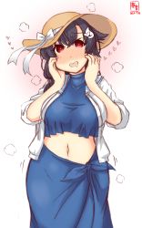 Rule 34 | 1girl, artist logo, black hair, blue sarong, blush, dated, drooling, hands on own face, heart, heart in eye, highres, jacket, jingei (kancolle), kanon (kurogane knights), kantai collection, long sleeves, looking at viewer, medium hair, navel, one-hour drawing challenge, open clothes, open jacket, open mouth, red eyes, sarong, simple background, smile, solo, standing, symbol in eye, white background, white jacket