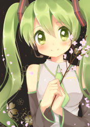 Rule 34 | 1girl, alternate eye color, alternate hair color, bad id, bad pixiv id, blush, detached sleeves, female focus, flower, green eyes, green hair, hair ornament, hatsune miku, holding, long hair, looking at viewer, matching hair/eyes, microphone, necktie, petals, sakuramocchi, shiramori sawa, smile, solo, stick, twintails, upper body, vocaloid