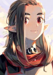 Rule 34 | 1boy, absurdres, brown eyes, brown hair, cloud, highres, kisumi rei, long hair, looking at viewer, luo xiaohei zhanji, luozhu (the legend of luoxiaohei), pointy ears, portrait, shadow, signature, smile, solo, upper body