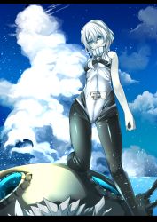 Rule 34 | 10s, 1girl, abyssal ship, adapted costume, bare arms, bare shoulders, blonde hair, blue eyes, blue sky, bodysuit, cloud, colored skin, covered navel, day, hat, unworn hat, unworn headwear, highres, impossible bodysuit, impossible clothes, kantai collection, long hair, looking at viewer, name tag, no headwear, outdoors, pale skin, rathke, sidelocks, skin tight, sky, solo, turret, white hair, white skin, wo-class aircraft carrier