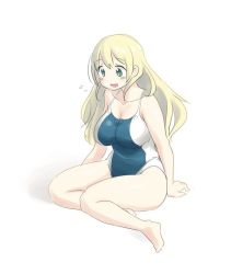 Rule 34 | 10s, 1girl, atago (kancolle), blonde hair, breasts, green eyes, kantai collection, large breasts, long hair, no headwear, one-piece swimsuit, simple background, sitting, solo, swimsuit, tamu (mad works), white background
