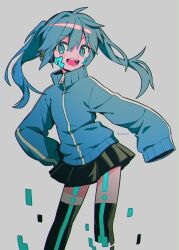 Rule 34 | 1girl, ahoge, artist name, black skirt, black thighhighs, blue eyes, blue hair, blue jacket, blush, ene (kagerou project), grey background, hair between eyes, hand on own hip, headphones, highres, jacket, kagerou project, long hair, long sleeves, looking to the side, menma (enaic31), miniskirt, open mouth, puffy long sleeves, puffy sleeves, simple background, skirt, smile, solo, standing, teeth, thighhighs, tongue, track jacket, twintails, zipper