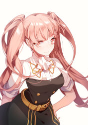 Rule 34 | 1girl, arm behind back, belt, closed mouth, female focus, fire emblem, fire emblem: three houses, fromchawen, garreg mach monastery uniform, hilda valentine goneril, long hair, matching hair/eyes, nintendo, pink eyes, pink hair, simple background, smile, solo, twintails, uniform, white background