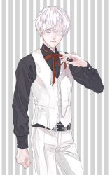Rule 34 | 1boy, belt, eyepatch, grey eyes, kamonisi, kaneki ken, male focus, neck ribbon, ribbon, solo, striped, striped background, tokyo ghoul, vest, white hair