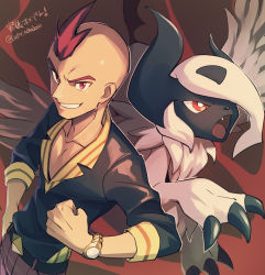 Rule 34 | 1boy, absol, black shirt, claws, collarbone, commentary request, creatures (company), elite four, game freak, gen 3 pokemon, grin, hand on own hip, hand up, male focus, momoji (lobolobo2010), nintendo, pokemon, pokemon (creature), pokemon oras, red eyes, red hair, shirt, short hair, sidney (pokemon), sleeves rolled up, smile, teeth, twitter username, watch, wristwatch