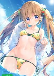 Rule 34 | 1girl, :o, absurdres, bare shoulders, bikini, blue eyes, blue sky, blush, braid, breasts, brown hair, cloud, collarbone, day, groin, hair ornament, highres, jacket, long hair, long sleeves, looking at viewer, melon print, melonbooks, navel, off shoulder, outdoors, parted lips, print bikini, scan, side-tie bikini bottom, sky, small breasts, smile, solo, stomach, suimya, sun, sunlight, swimsuit, twintails, very long hair, wading, water, white jacket, yellow bikini