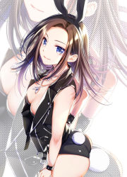 Rule 34 | 1girl, animal ears, bang dream!, black leotard, black vest, blue eyes, bracelet, breasts, brown hair, chain necklace, closed mouth, cowboy shot, fake animal ears, fake tail, highres, jewelry, leather vest, leotard, looking at viewer, medium breasts, medium hair, necklace, pendant, playboy bunny, rabbit ears, rabbit tail, sidelocks, sleeveless, smile, solo, standing, strapless, strapless leotard, tail, tsurugi hikaru, vest, wakana rei