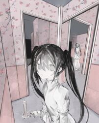 Rule 34 | :|, black hair, candle, ceiling, clone, closed mouth, crack, cracked wall, doorway, dot nose, empty eyes, expressionless, facing away, floral print, flower, from above, grey eyes, hair between eyes, high collar, highres, holding, holding candle, indoors, juliet sleeves, long hair, long sleeves, looking at viewer, original, pale skin, perspective, pleated skirt, puffy sleeves, rose, rose print, shirt, shoes, skirt, sleeve cuffs, twintails, u-u (uni 4040), walking, wall, wallpaper (object), white footwear, white shirt, white skirt
