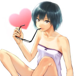 Rule 34 | 1girl, amagami, bad id, bad pixiv id, bare shoulders, bob cut, unworn eyewear, female focus, flat chest, glasses, heart, holding, holding removed eyewear, lips, looking at viewer, mouth hold, mun (haimer), nanasaki ai, one-piece tan, parted lips, short hair, sitting, solo, strapless, tan, tanline