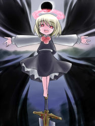 Rule 34 | 1girl, blonde hair, ex-rumia, female focus, halo, kugelschreiber, looking at viewer, no nose, open mouth, outstretched arms, red eyes, rumia, solo, standing on object, sword, touhou, weapon
