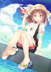 Rule 34 | 10s, 1girl, alternate costume, bad id, bad pixiv id, barefoot, cloud, day, dutch angle, feet, flip-flops, futatsukiaiji, hat, highres, jewelry, kantai collection, legs, nail polish, necklace, personification, sandals, shoes, single shoe, sitting, sky, soaking feet, soles, solo, straw hat, toes, water, zuihou (kancolle)