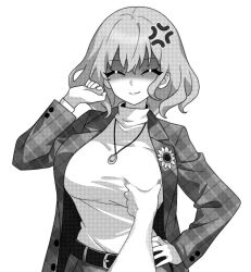 Rule 34 | 1girl, 1other, ^ ^, belt, breasts, closed eyes, flower, grabbing, grabbing another&#039;s breast, greyscale, groping, jacket, jewelry, kazami yuuka, large breasts, looking at viewer, medium hair, monochrome, onkn sxkn, open clothes, open shirt, pendant, shirt, sunflower, touhou, turtleneck