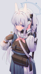 Rule 34 | 1girl, absurdres, akinoji (akiponpon27), blue archive, bulletproof vest, commentary request, food, gloves, halo, headphones, highres, long hair, looking at viewer, miyako (blue archive), purple eyes, school uniform, silver hair, simple background, solo, tactical clothes, vest, white background