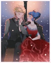 Rule 34 | 1boy, 1girl, adrien agreste, black jacket, black mask, black pants, black vest, blonde hair, blue eyes, blue hair, blush, bow, bowtie, closed eyes, closed mouth, dress, hair bun, highres, holding hands, jacket, jewelry, marinette dupain-cheng, mask, miraculous ladybug, necklace, open clothes, open jacket, pants, pearl necklace, polka dot, red dress, seio (nao miragggcc45), sitting, smile, snowing, vest