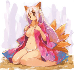 Rule 34 | 1girl, animal ear fluff, animal ears, breasts, fox ears, japanese clothes, large breasts, momiji mao, mouth hold, open clothes, original, panties, solo, tail, underwear