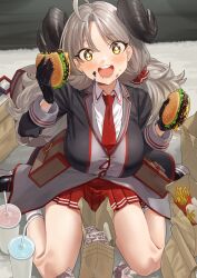 Rule 34 | + +, 1girl, ahoge, black horns, blue archive, blush, breasts, burger, demon horns, food, french fries, grey hair, hair ornament, highres, holding, horns, izumi (blue archive), large breasts, long hair, looking at viewer, mcshake, open mouth, sitting, smile, solo, twintails, uniform, wariza, yellow eyes, yukiman1056