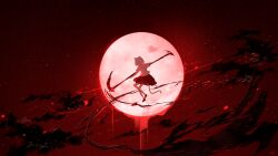 Rule 34 | 1girl, animal ears, cat ears, cat girl, cat tail, chinese commentary, cloud, commentary request, full body, full moon, highres, holding, holding scythe, moon, original, outdoors, red moon, red theme, rune xiao, scenery, scythe, shirt, shoes, signature, skirt, sky, socks, solo, tail, white shirt